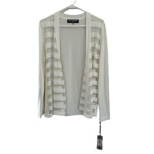 Karl Lagerfeld Paris Creme Sheer Striped Open Front Cardigan Sweater Size M NWT
